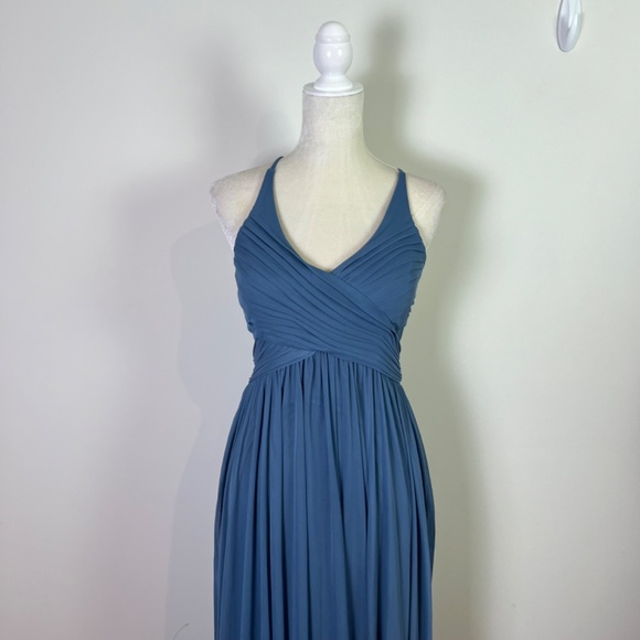 David’s Bridal Steel Blue Mesh Cut Out Spaghetti Strap Bridesmaid Dress NWT - Picture 3 of 13